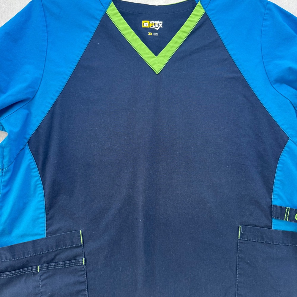 WonderFLEX Scrub Top 2X Womens Blue Green V Neck Short Sleeve Uniform - Picture 3 of 9